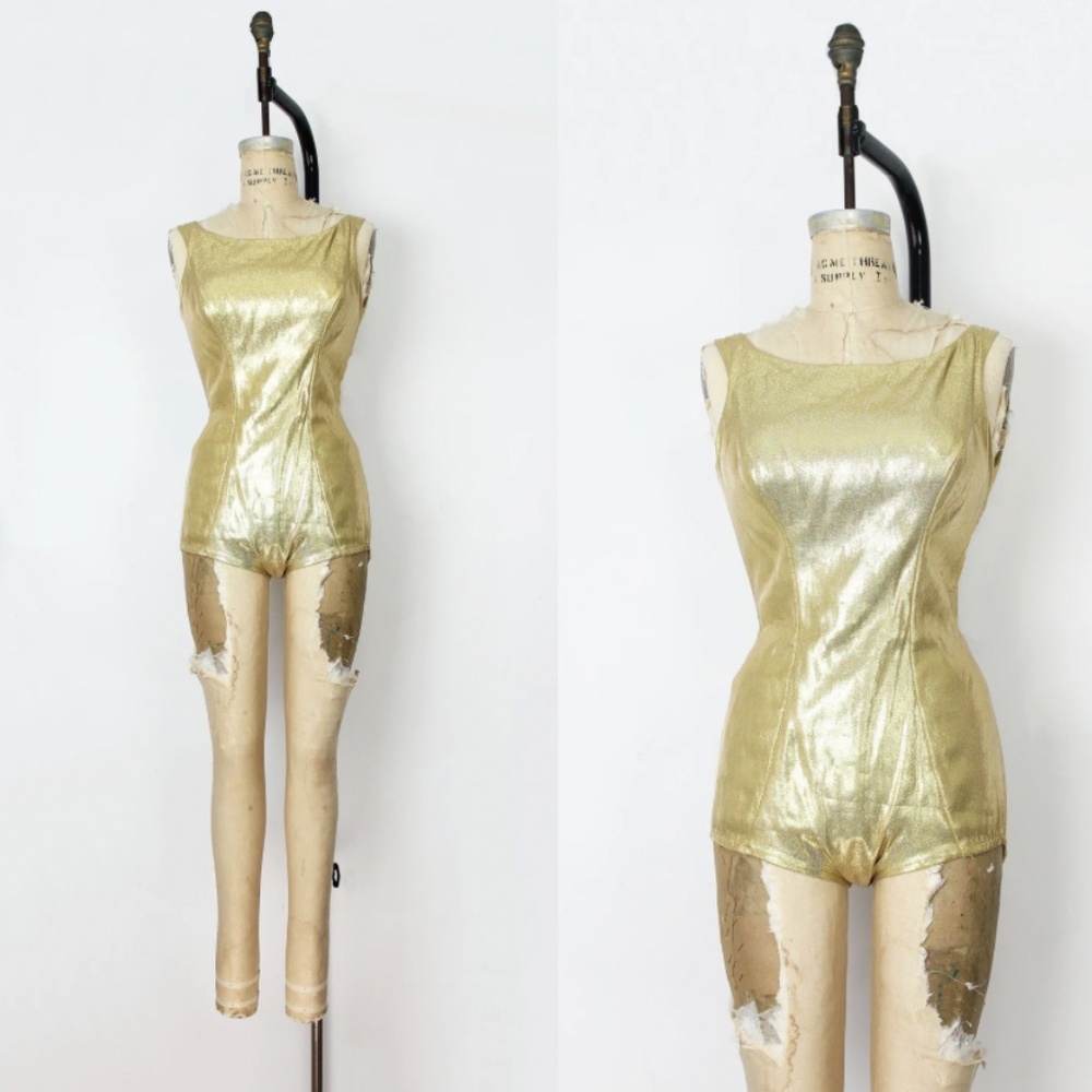 vintage 50s gold swimsuit / 1950s ROSE MARIE REID bathing suit / gold lurex swim